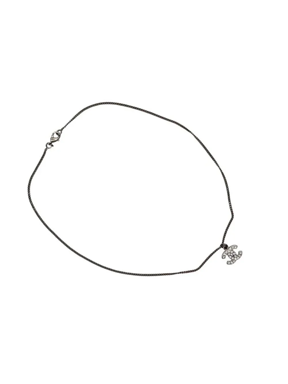 Chanel CC Logo Necklace 09 44 Rhinestone Metal Clear Silver